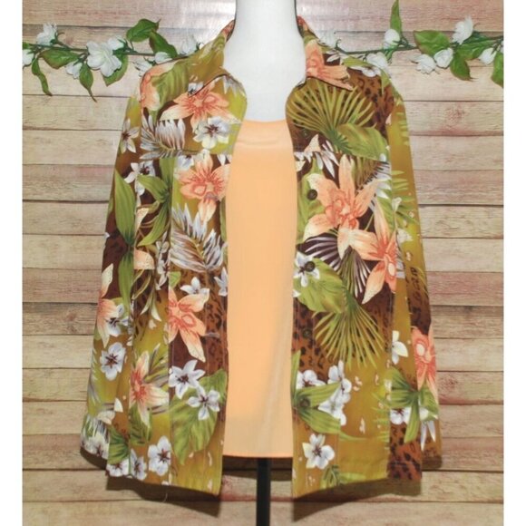Allison Daley Hawaiian Floral Button Front Jacket Size 18 Long Sleeve Shaket - Picture 1 of 12